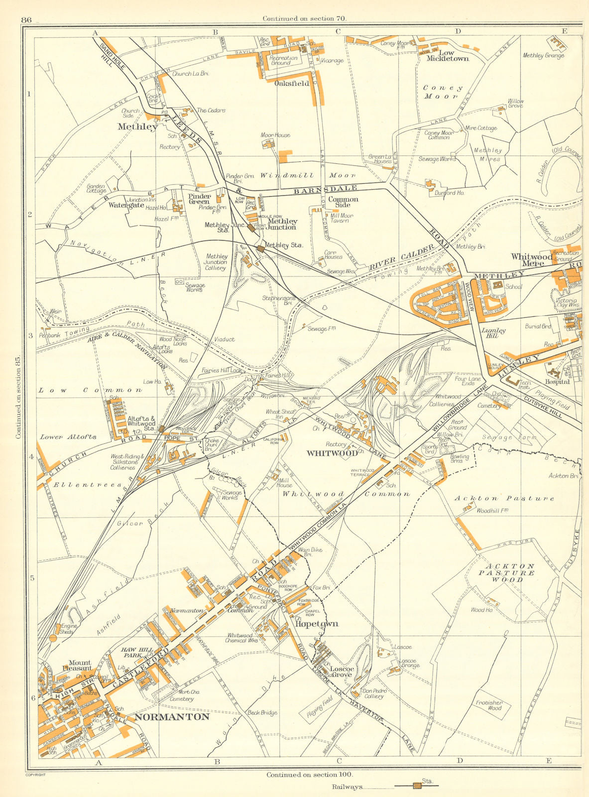 CASTLEFORD Normanton Whitwood Hopetown Coney Moor Mere Methley 1935 old map